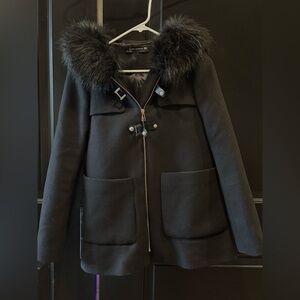 Zara Chic Black Pea Coat with Faux Fur Collar